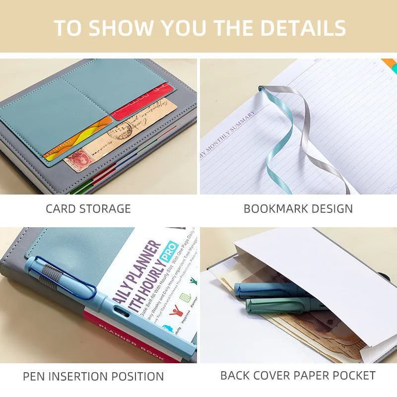 A5 notebook with PU leather cover in matcha green, lying open on a desk
