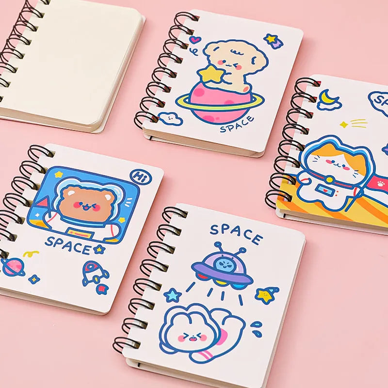Astronaut series flipped pocket notebook in 10.5 by 8 cm size showing four cover colour options.