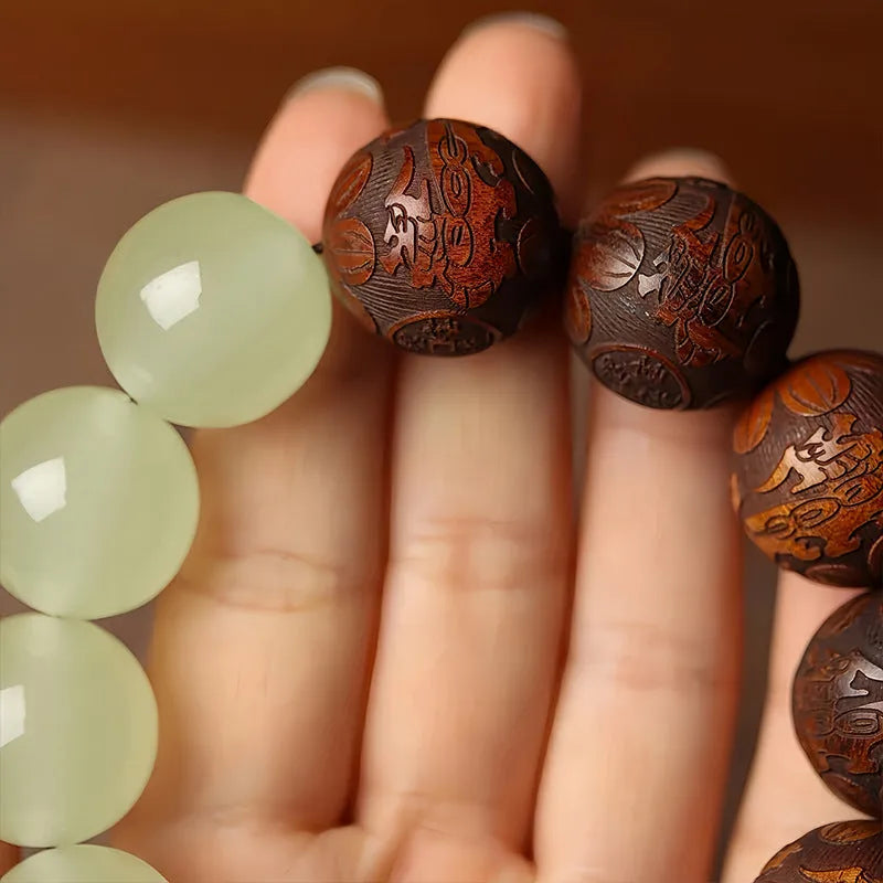 Unisex Amass Fortunes rosewood flexible ring bracelet with Fu carving on 20mm beads