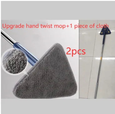 Blue and white extendable triangle cleaning mop with a rotating head on a long stainless steel pole.