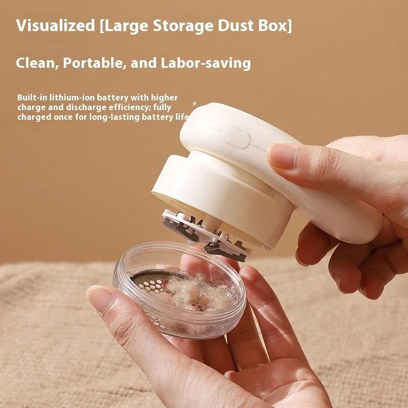 Beige and purple digital fur ball trimmer lint remover with selectable cutter heads on a table