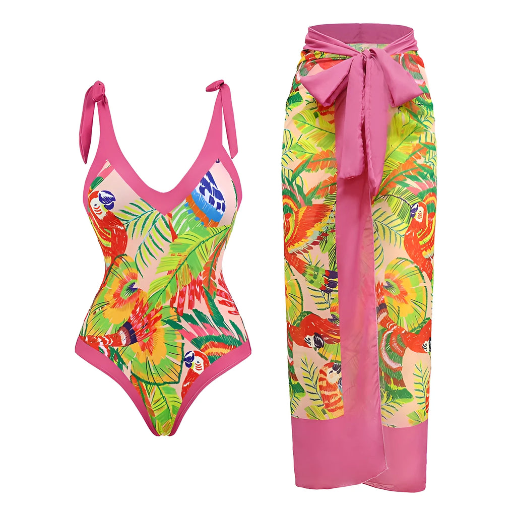 Women's solid colour one-piece swimsuit with spaghetti straps and attached skirt