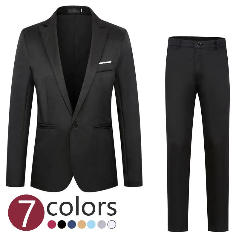 Men's loose-fit wedding suit jacket in various colours including black, blue, grey, and wine red.