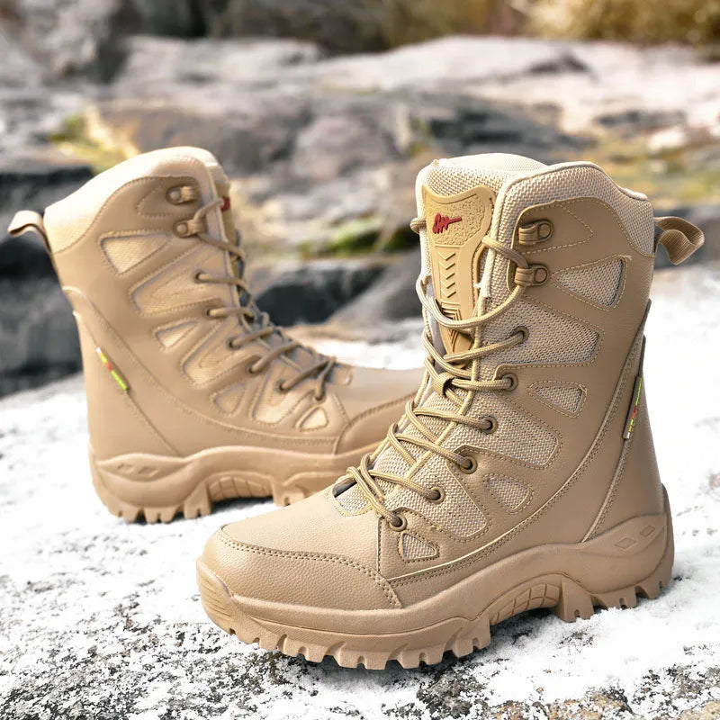 Cowhide leather hi-top hiking shoes in beige, black, and brown colours