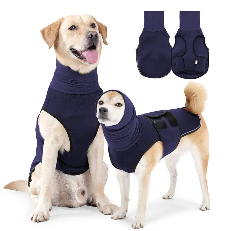 Dog wearing army green anti-anxiety jacket for calming pressure during stressful situations