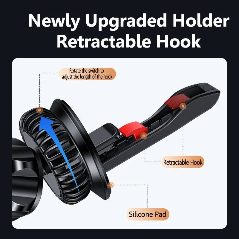 Car air outlet magnetic phone holder with snap-on bracket in silver or black colour