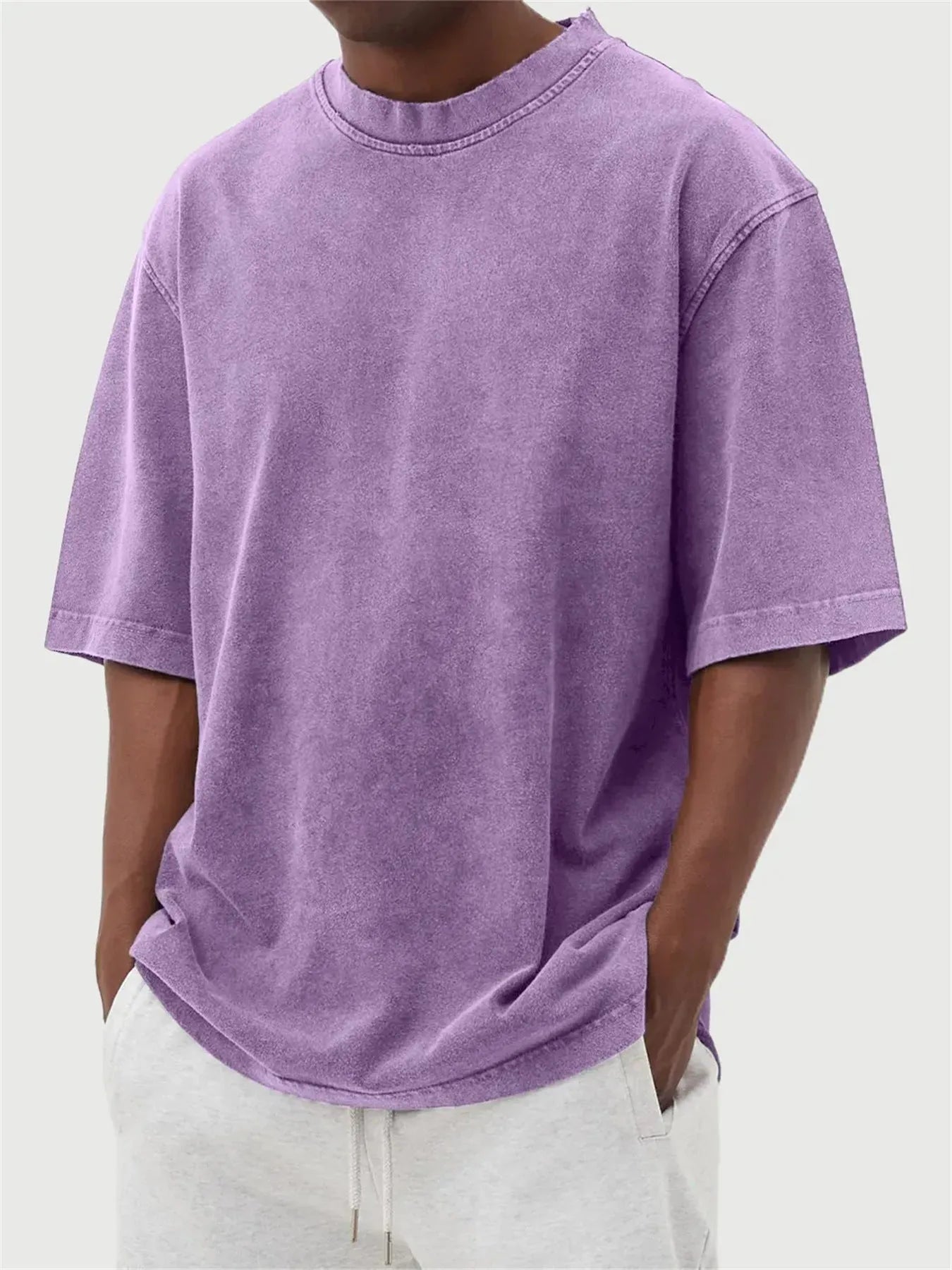 Men's stone-washed loose-fit pullover T-shirt in army green distressed solid colour