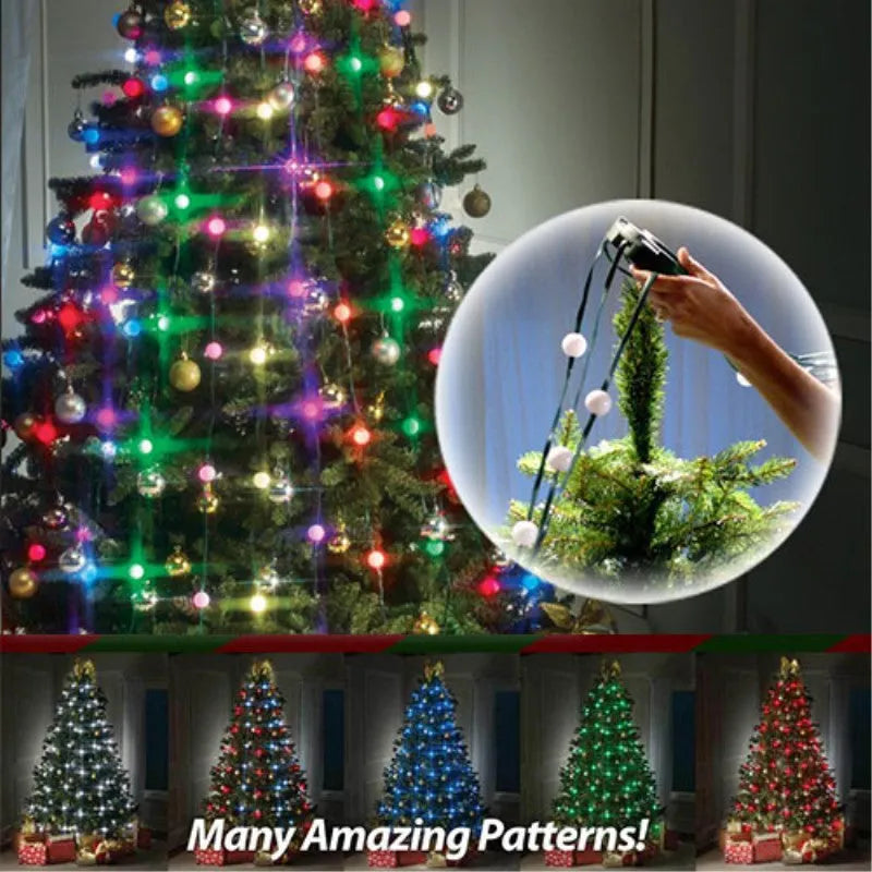 64-LED Christmas tree light string with colour-changing bulbs and integrated control button, 1.8 metres long with IP44 weather resistance