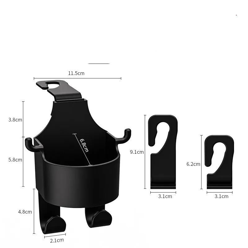 Black plastic car seat back organiser with a cup holder and a storage hook.