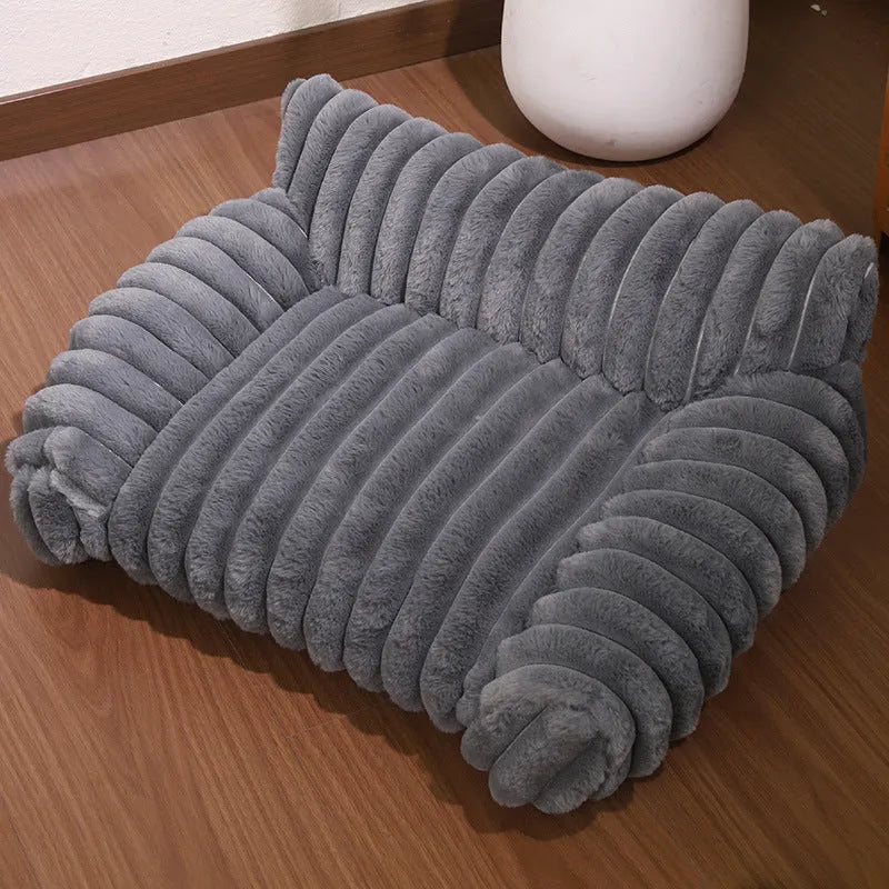 Rabbit plush cat sofa bed in gray with thickened padding and raised edges