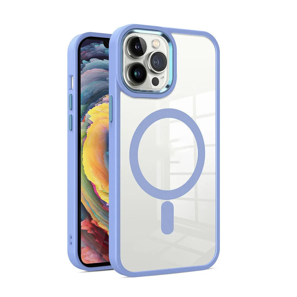 Slim magnetic transparent silicone phone case for iPhone on a MagSafe charger, showing raised edge protection.