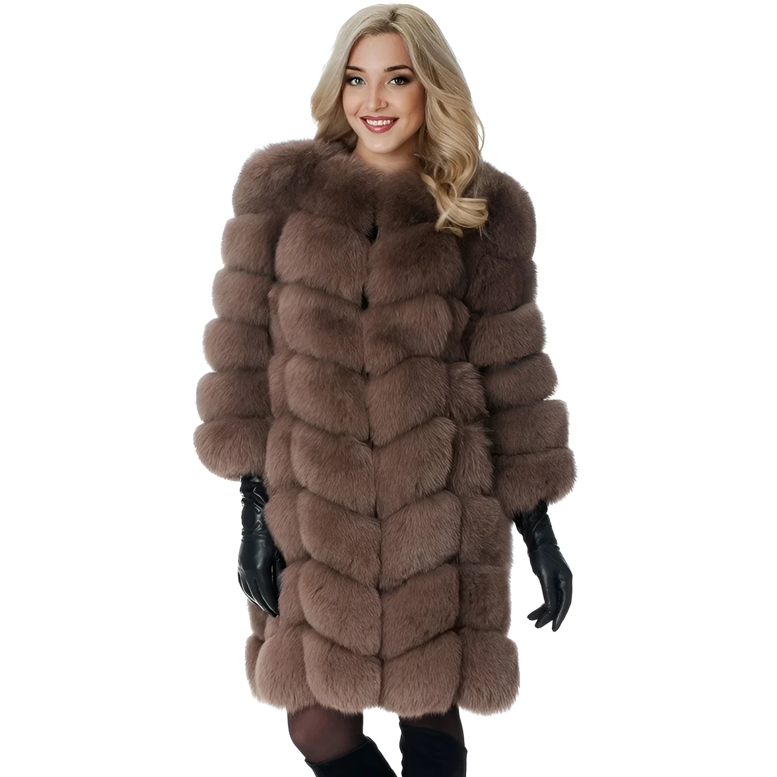 Women's long artificial fur coat in a range of colours on a hanger.