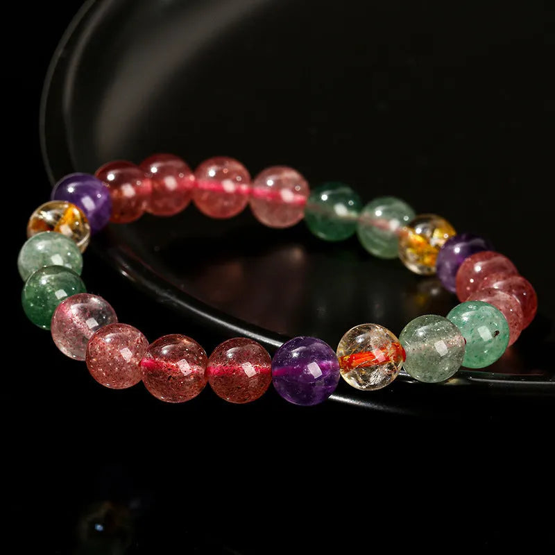 Strawberry quartz bracelet with round 7mm, 8mm, or 9mm beads and natural tourmaline colour styling