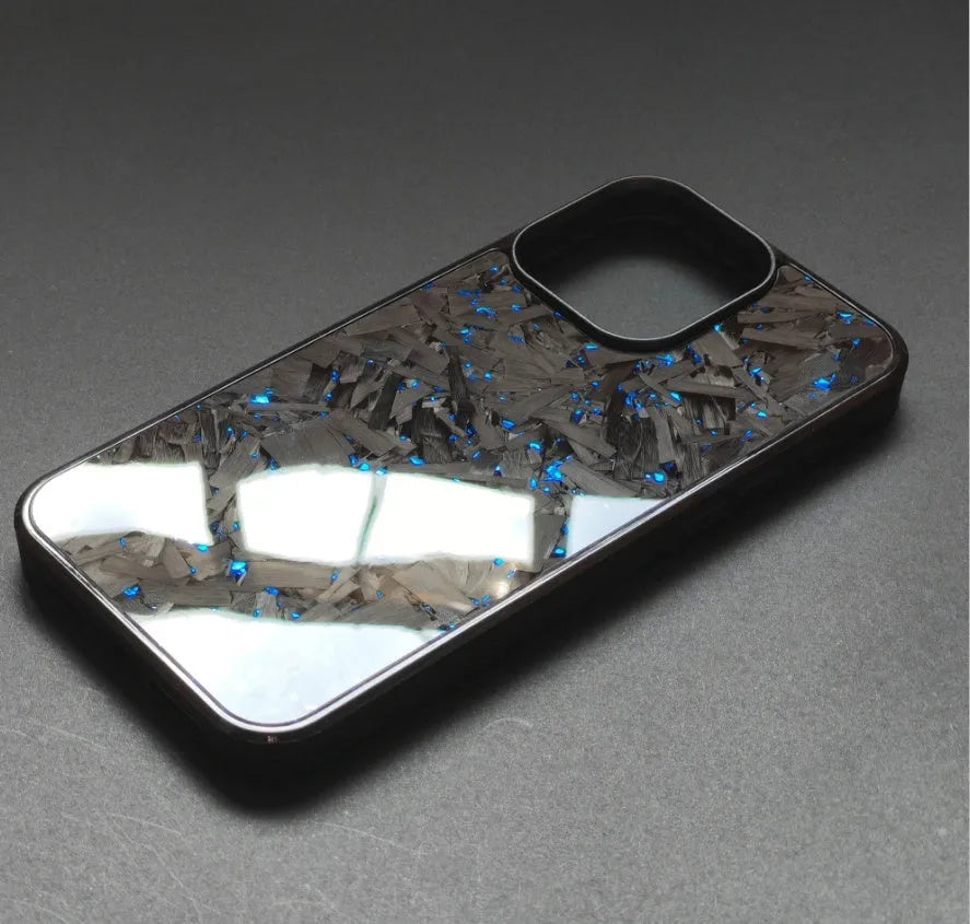 Carbon fibre anti drop phone case in blue gold splicing colour for iPhone models showing back design with precise cutouts