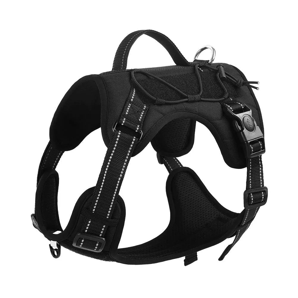 Orange reflective dog harness with explosion-proof design and a black hand-holding rope attached.