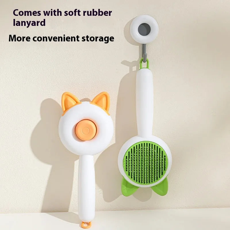 Self-cleaning cat grooming brush with stainless steel tines in greenish white colour