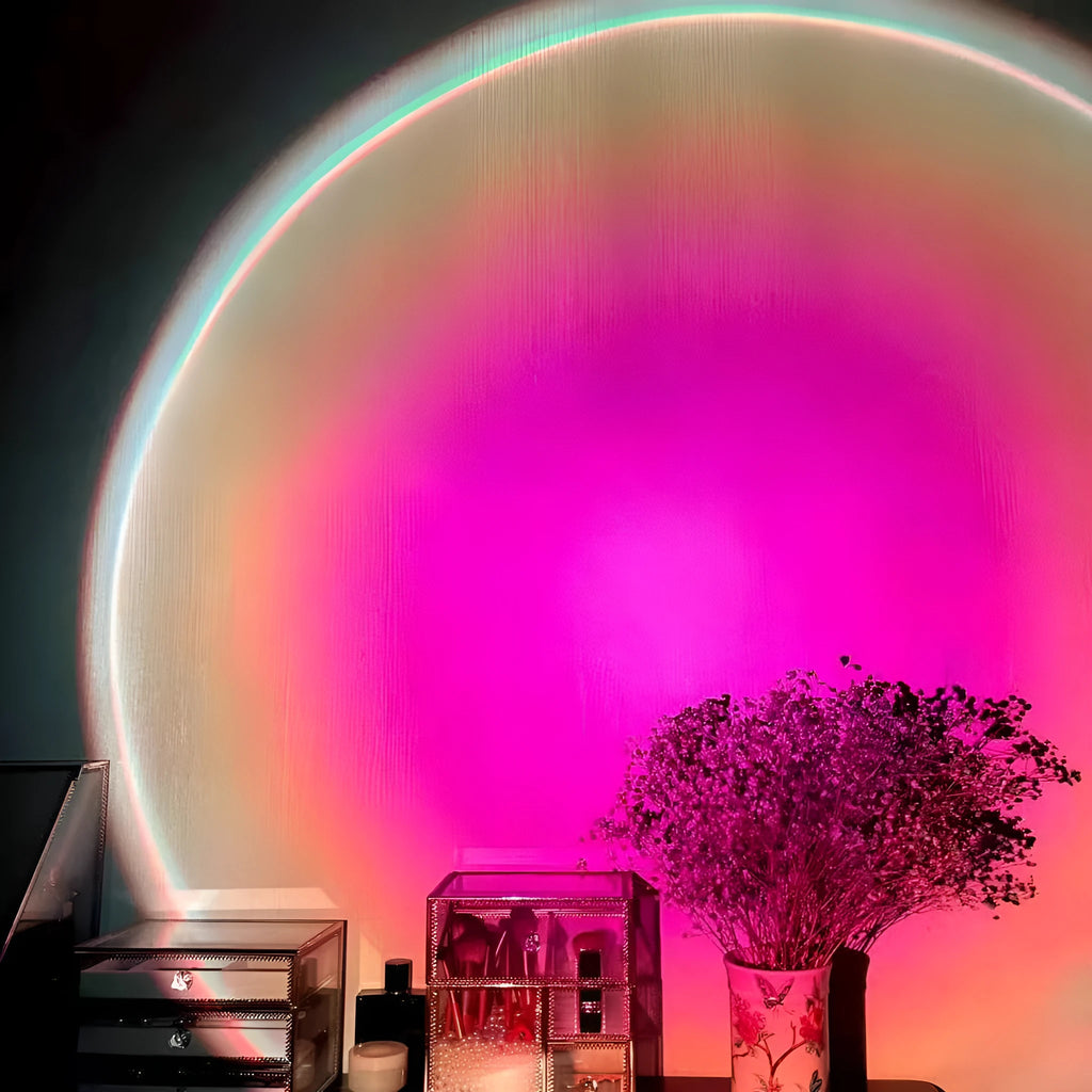 USB rechargeable rainbow sunset projection lamp showing sunset red colour effects