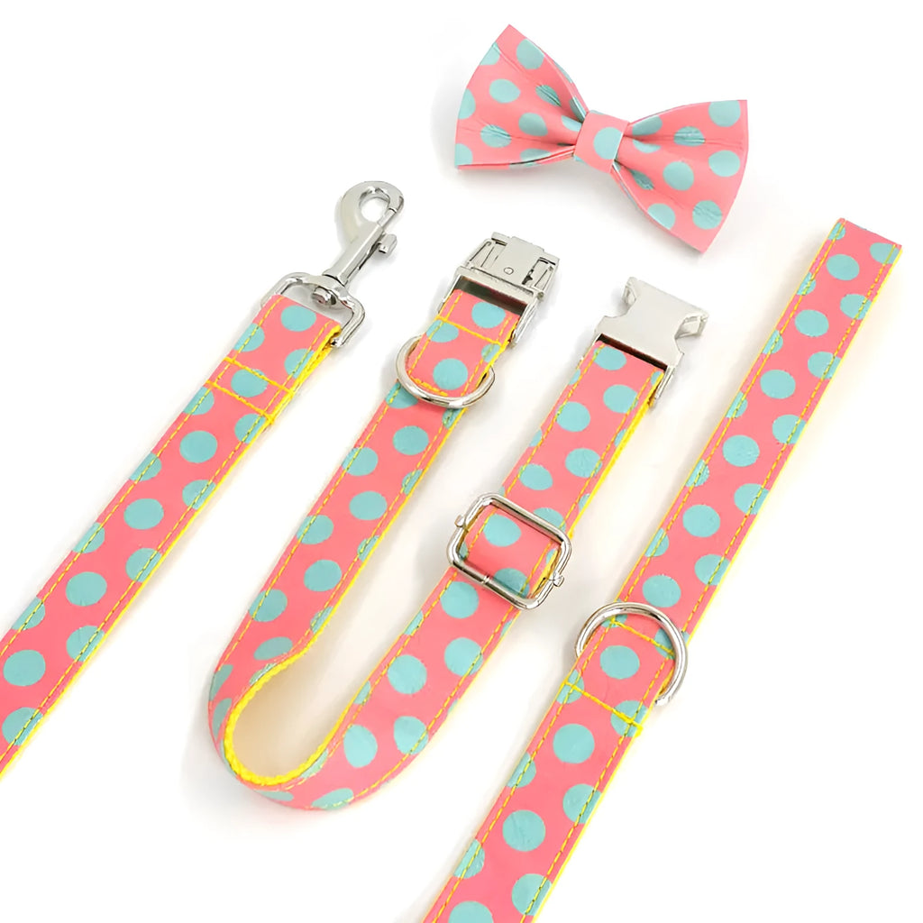 Yellow polka dot dog collar and lead set with bow decoration