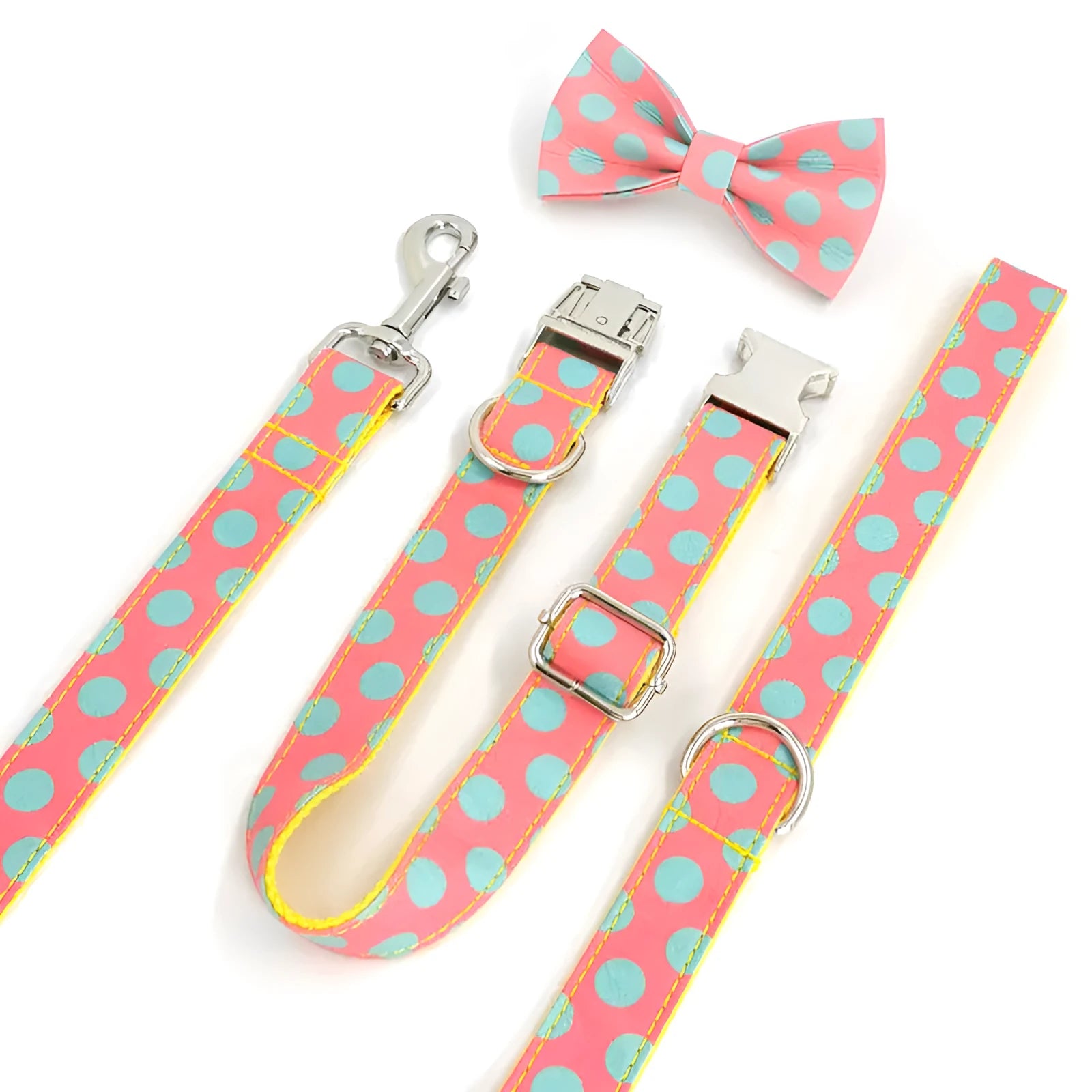 Yellow polka dot dog collar and lead set with bow decoration