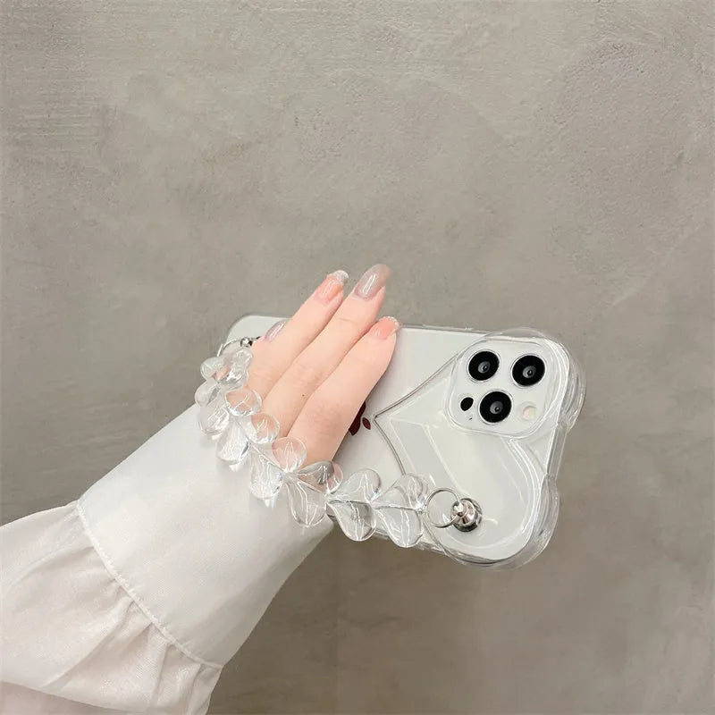 Transparent iPhone case with love bracelet chain design for Apple models 7 through 13 Pro Max