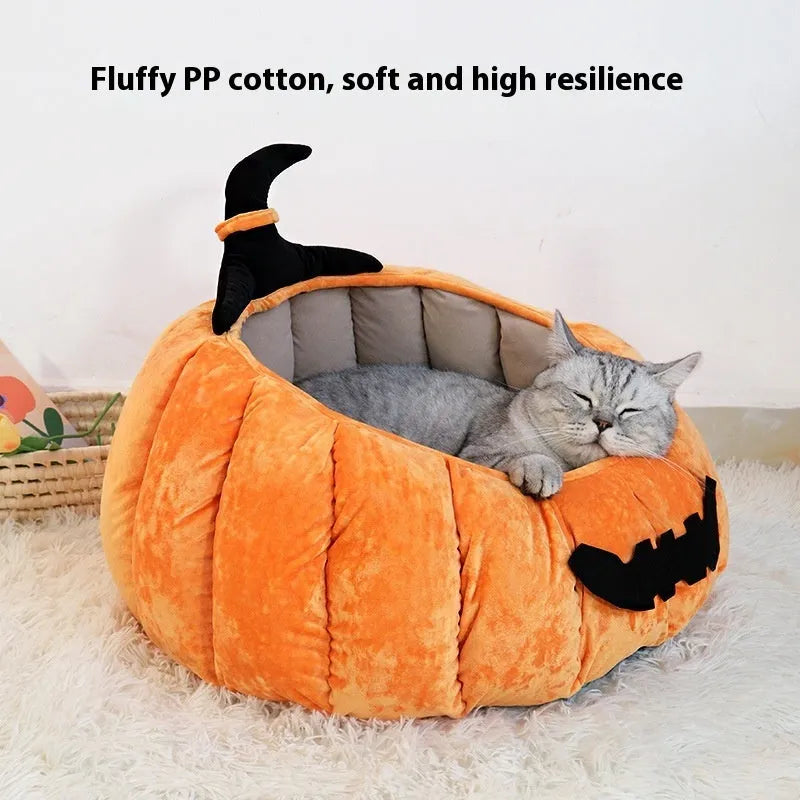 Orange and black pumpkin-shaped pet nest for cats with soft cloth fabric