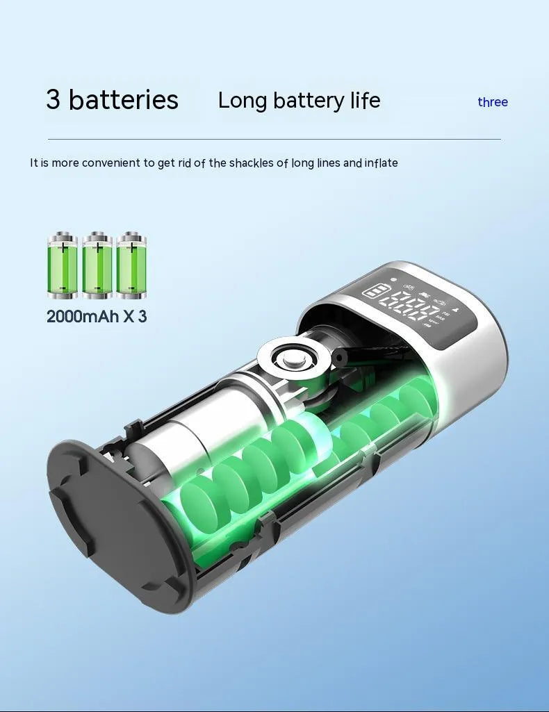 Black portable wireless air pump with 15cm tube, multiple nozzles and USB charging cable