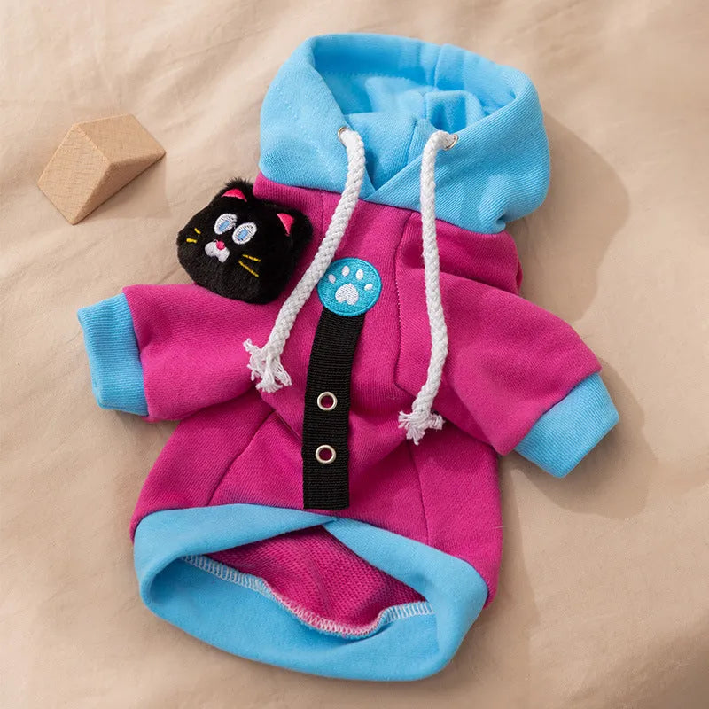 Purple colour-block dog hoodie with drawstring hood, cat plush necklace and belt loops, sizes XS to XL