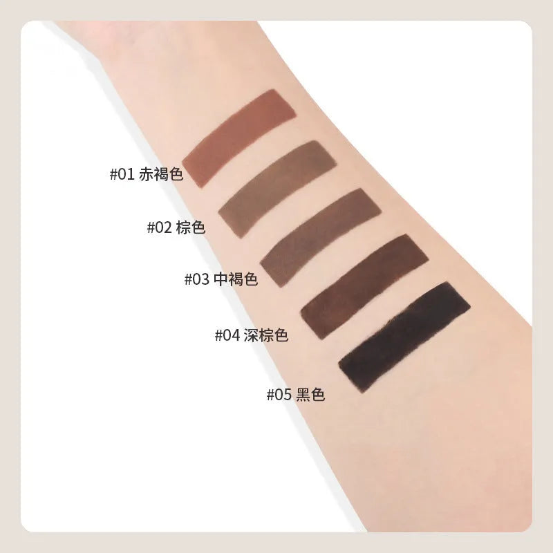 Dual-ended eyebrow cream in five colour shades including reddish brown, brown, light brown, dark brown, and black