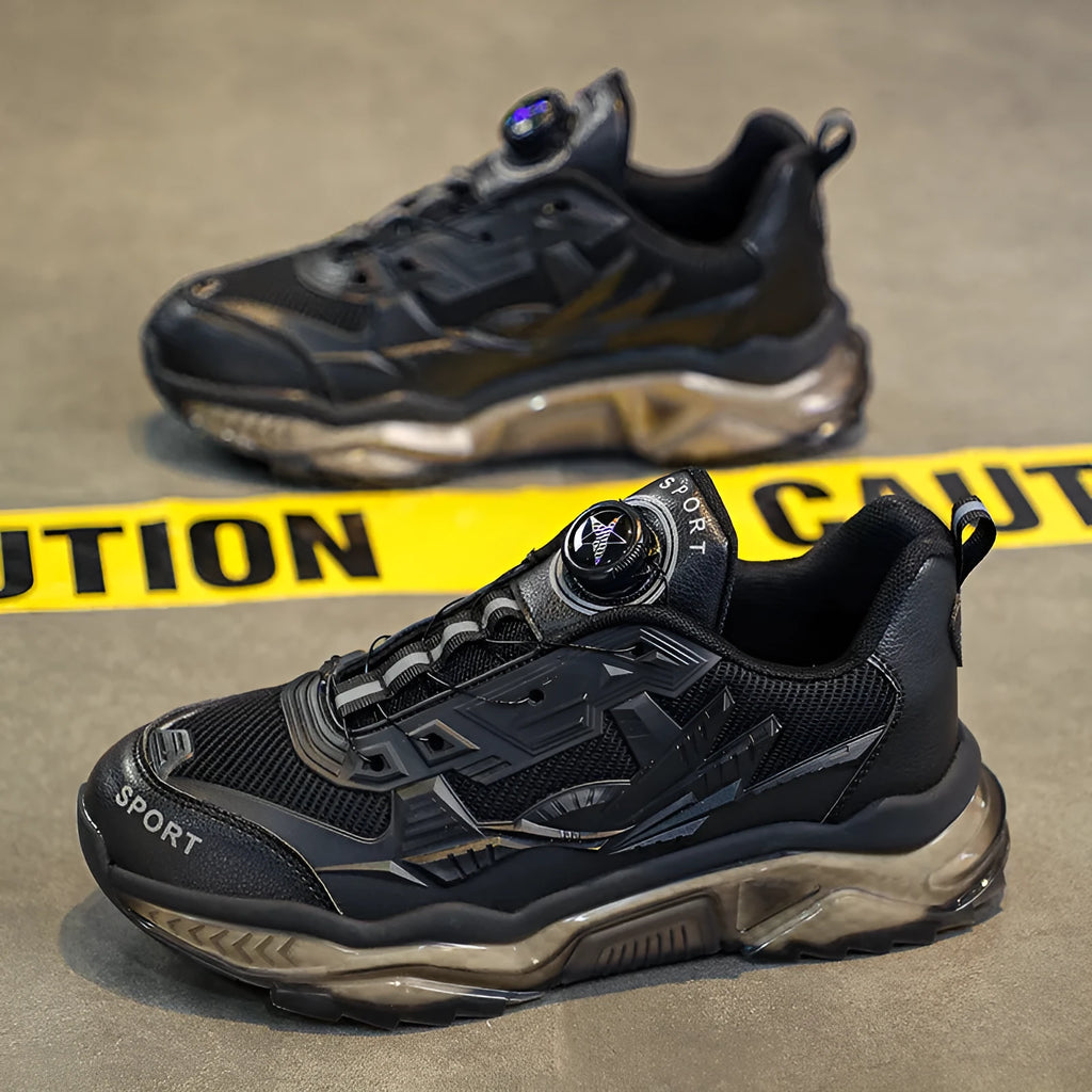 Men's black rotating button casual shoes with mesh upper and platform sole