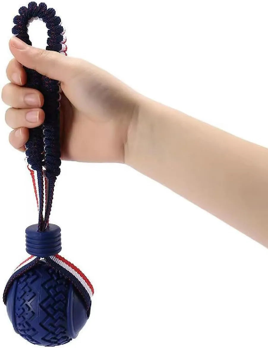 Blue natural rubber dog ball attached to a rope for tug-of-war and dental cleaning.