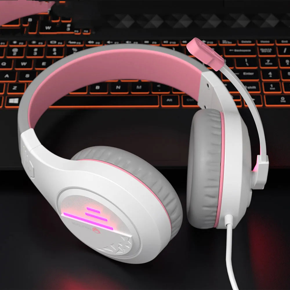Lightweight backlit gaming headset with adjustable headband and noise-cancelling microphone in black orange colour.