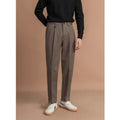 Men's straight-leg trousers in polyester with draped detail, shown in black, dark grey, khaki or brown.