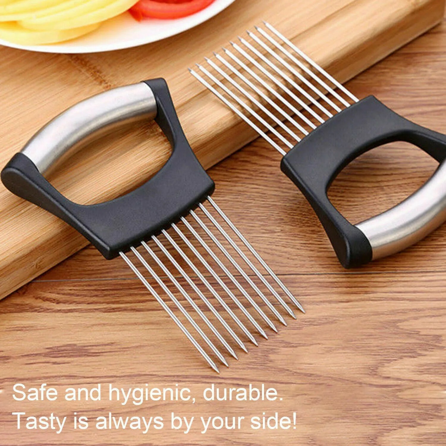 Stainless steel onion and tomato holder slicer with ABS handle on a kitchen worktop.