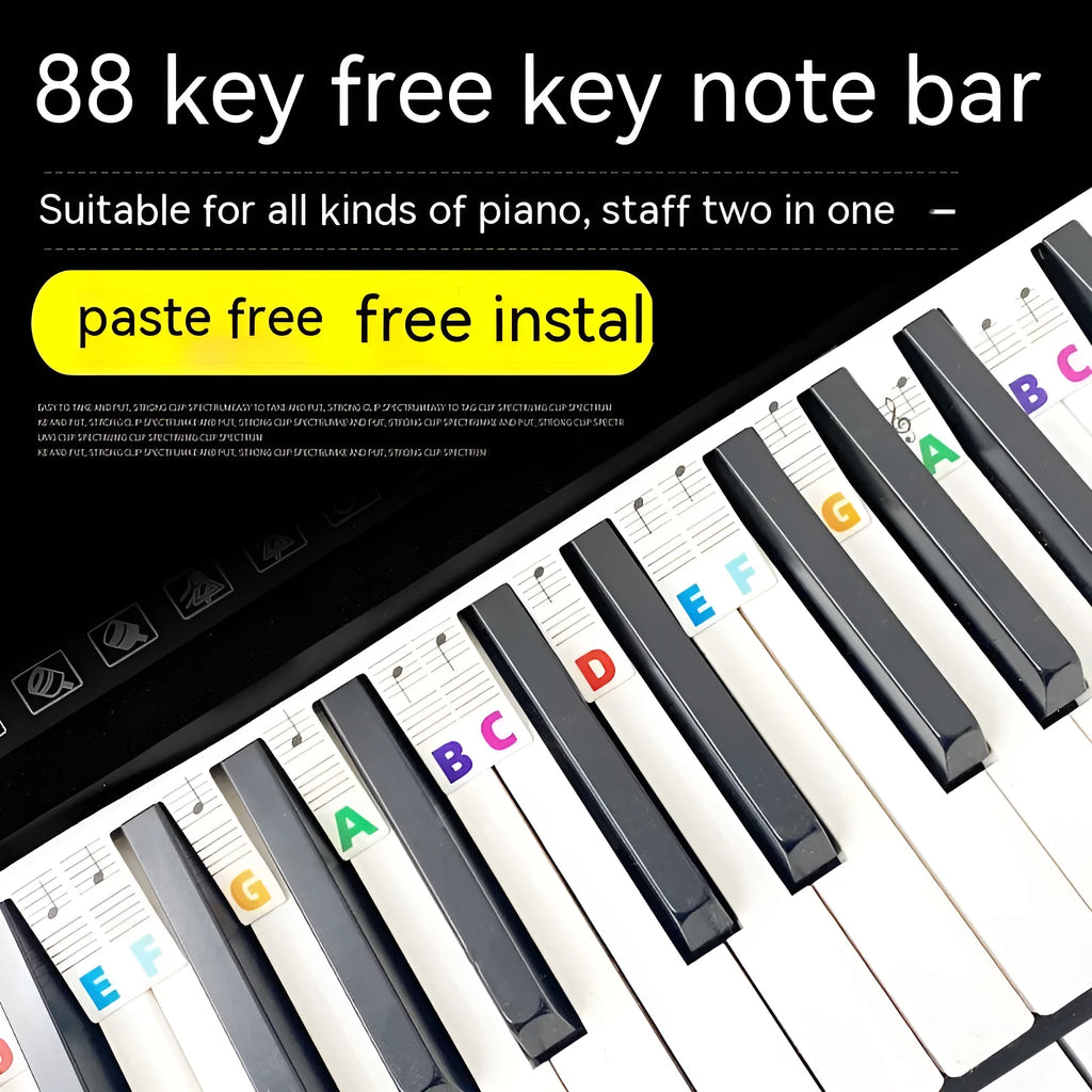 Piano keyboard stickers set showing colour note bars and black notes for 88 key keyboards