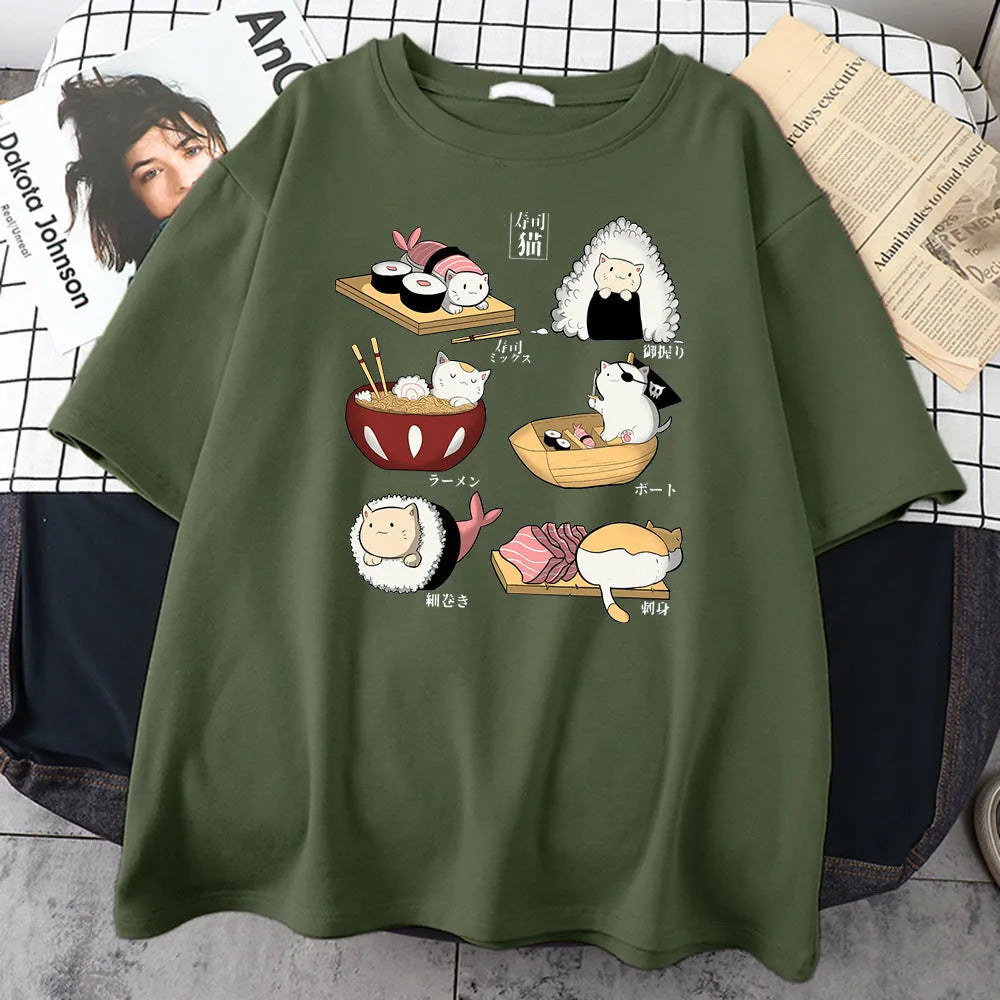 Mens black cotton t-shirt with a cartoon print of a cat dressed as sushi on a loose fit short sleeve.