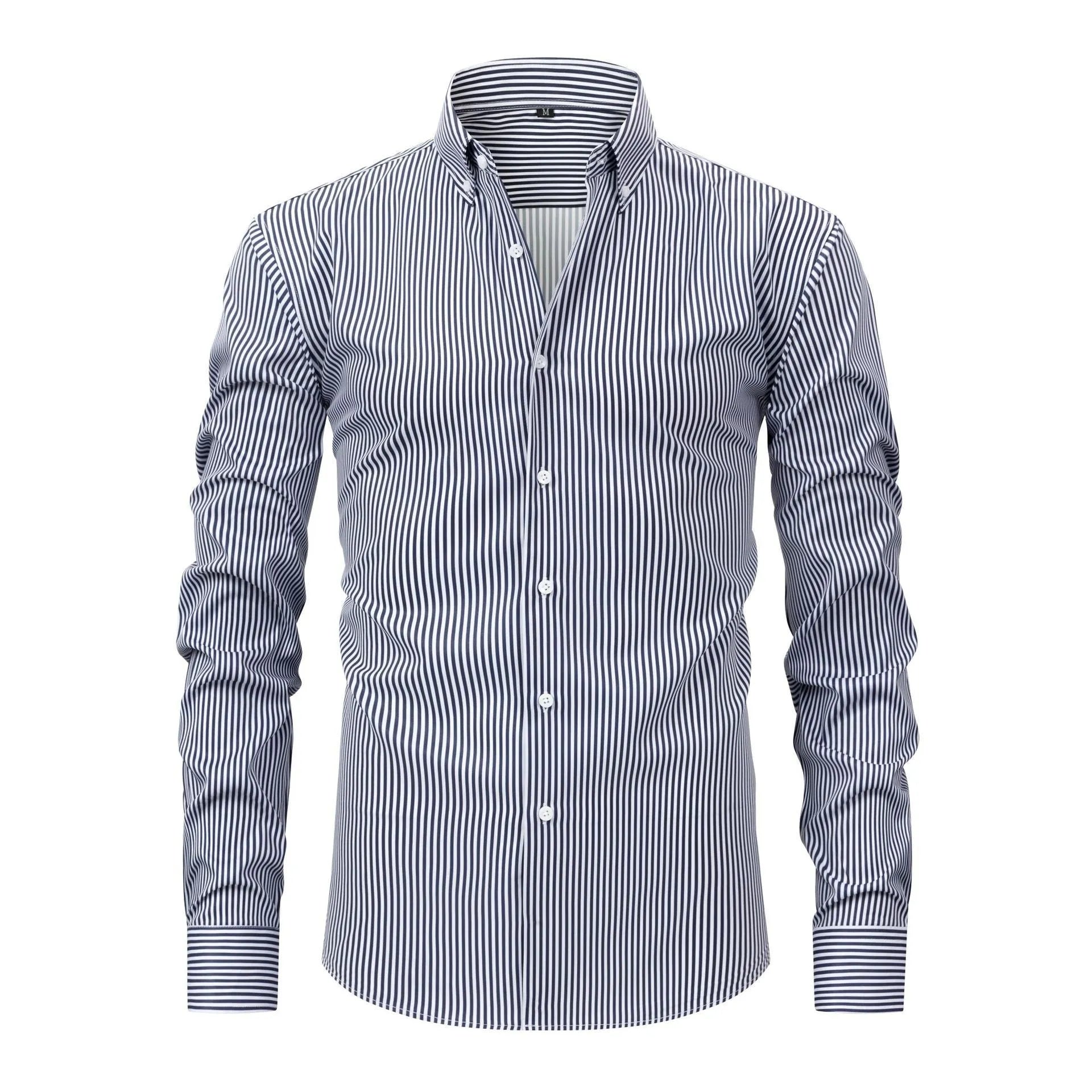 A striped non-ironing men's long-sleeved business shirt with a lapel collar.
