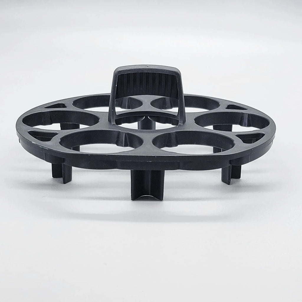 Black plastic egg holder rack measuring 13.8 by 12.6 cm for kitchen organisation