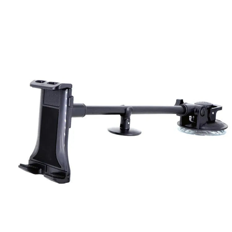 Black universal vehicle-mounted tablet holder with long-rod suction cup for 4-12 inch devices.