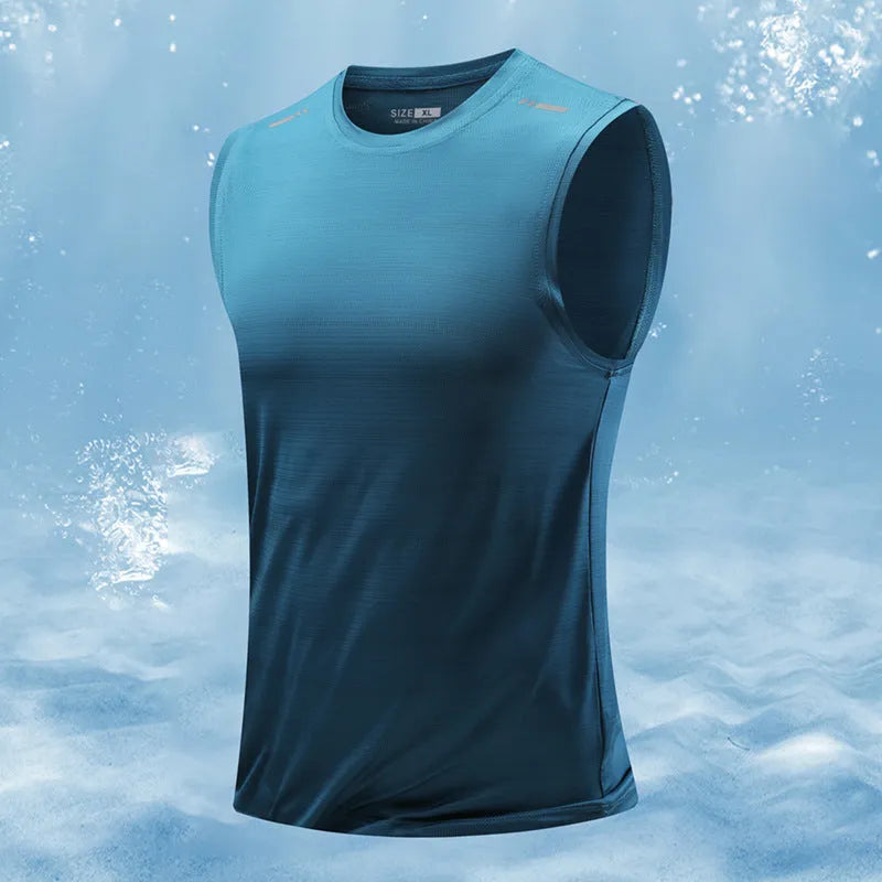 Men's loose-fit sleeveless waistcoat vest in bamboo polyester blend, shown in a solid colour.