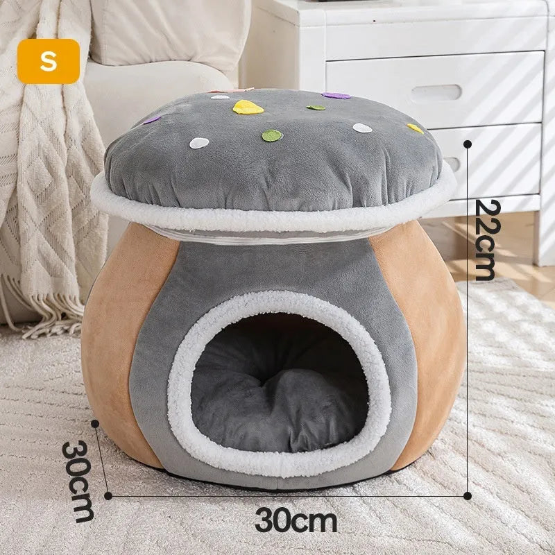 Grey mushroom-shaped plush cat bed with a detachable blanket inside, showing enclosed design.