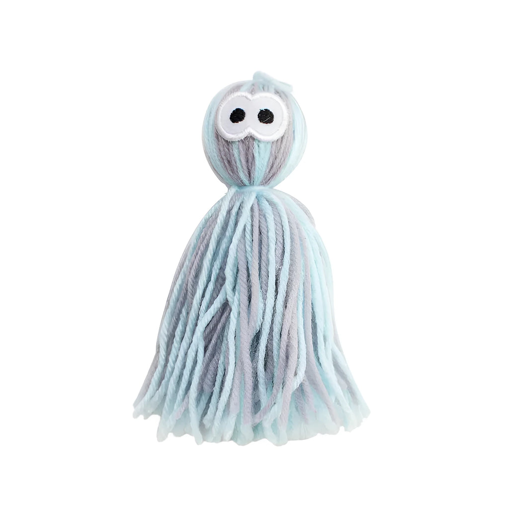 Four wool cat balls with hanging loops and teaser stick in blue grey, pink and blue, and pink purple colours
