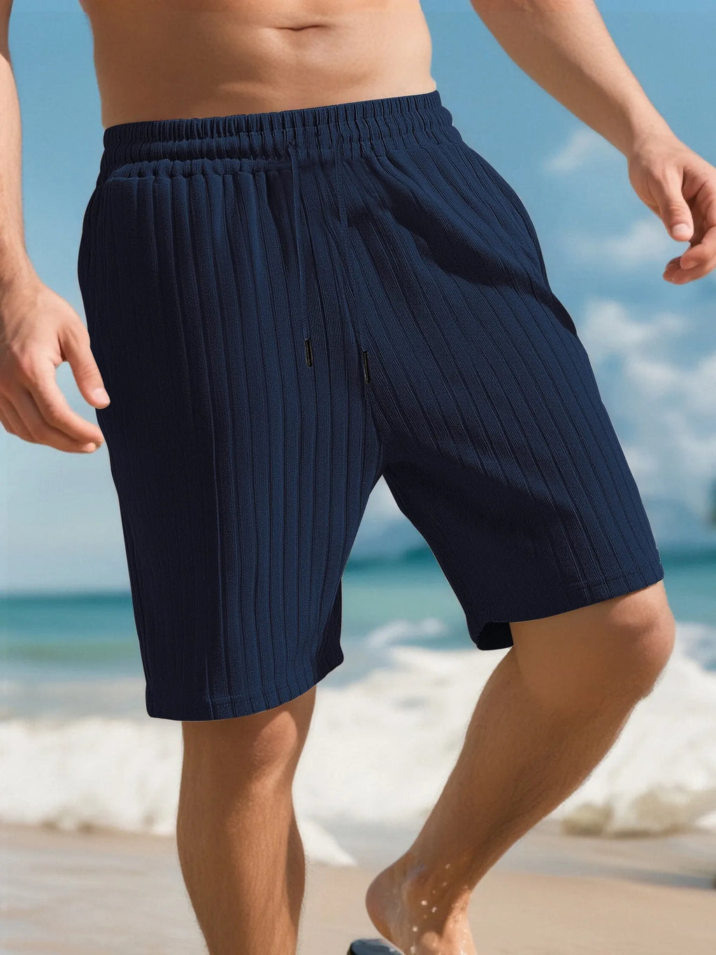Men's striped linen sports shorts with multiple lace-detailed bags in seven colour options