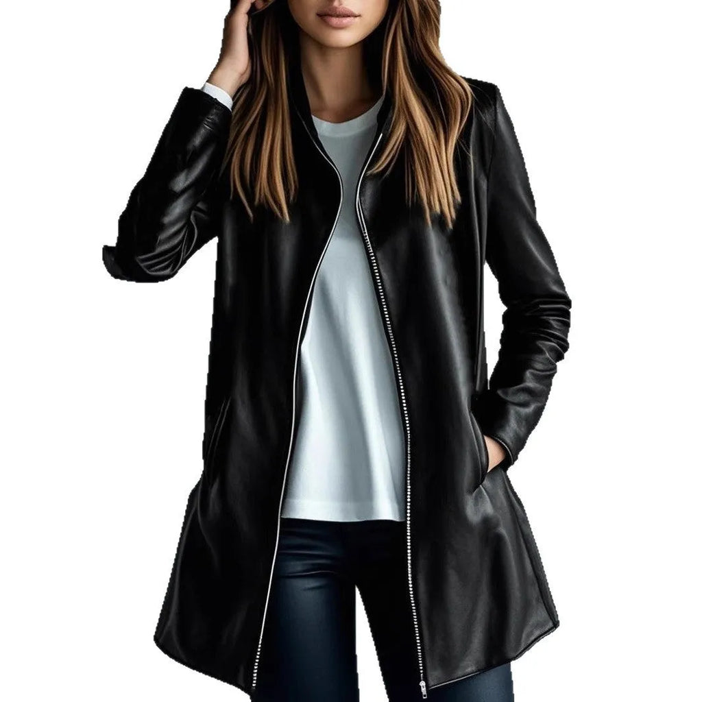 Women's black leather jacket with medium 65cm length and long sleeves