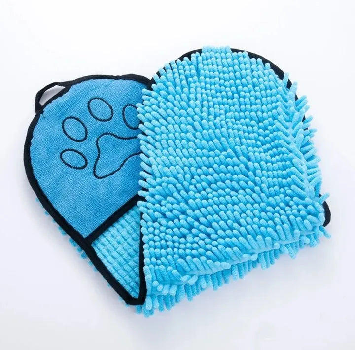 Blue microfibre pet bath towel for drying dogs and cats, showing robe-style design