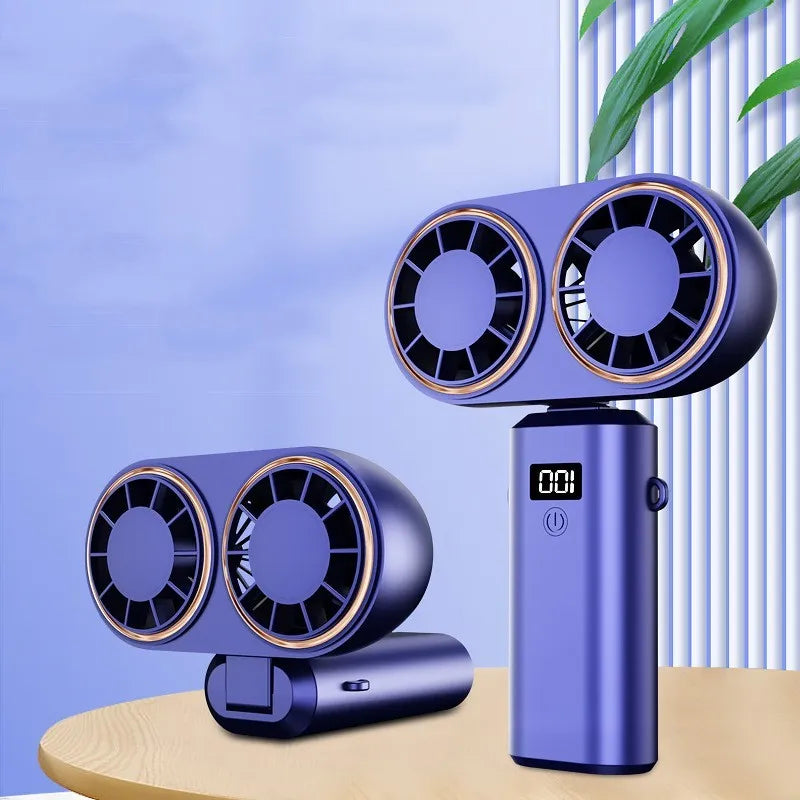 Handheld portable fan with folding neck, digital display and USB charging port