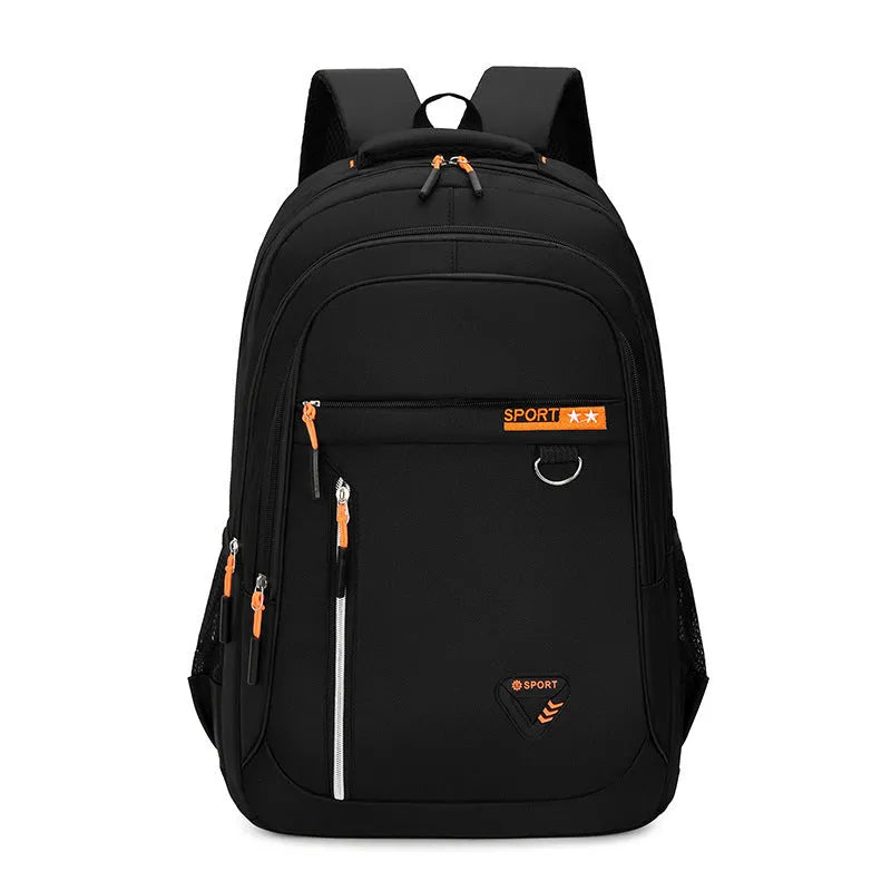 Men's Oxford cloth schoolbag with letter pattern in four colour options showing large capacity design
