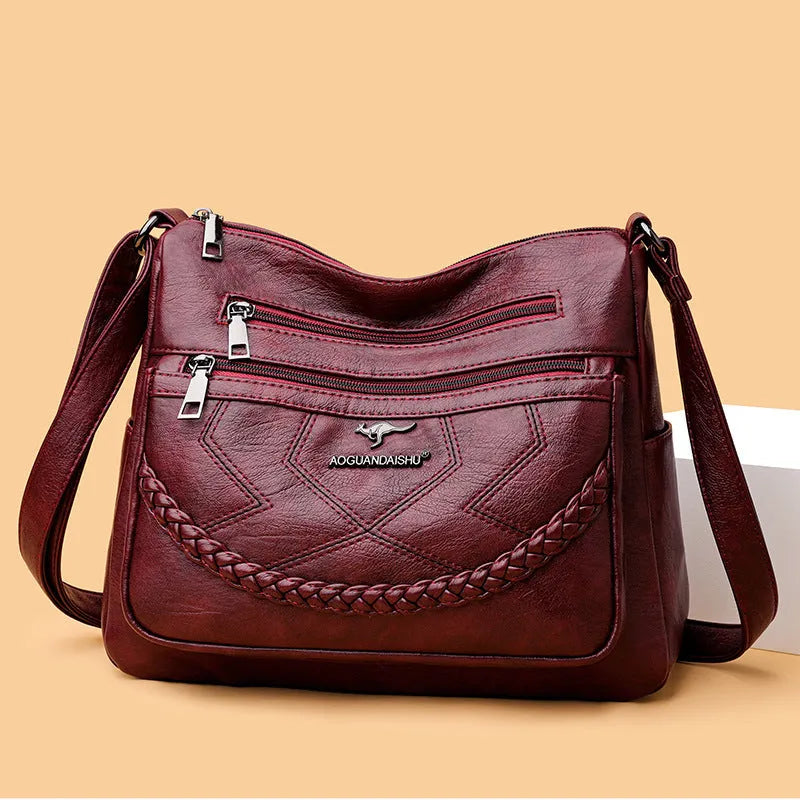 Soft PU leather women's shoulder bag in horizontal square shape with sandwich pockets