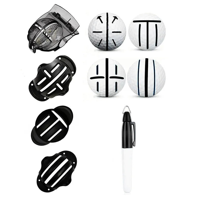 Outdoor golf scriber putter alignment tool set showing four plastic scribers and four drawing pens.