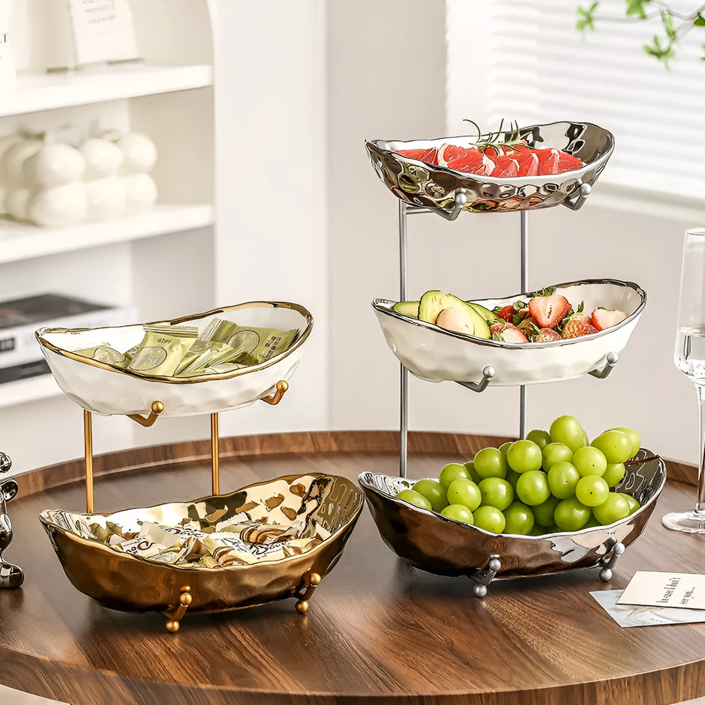 Multi-layer porcelain fruit tray with gold or silver electroplated stone texture frame