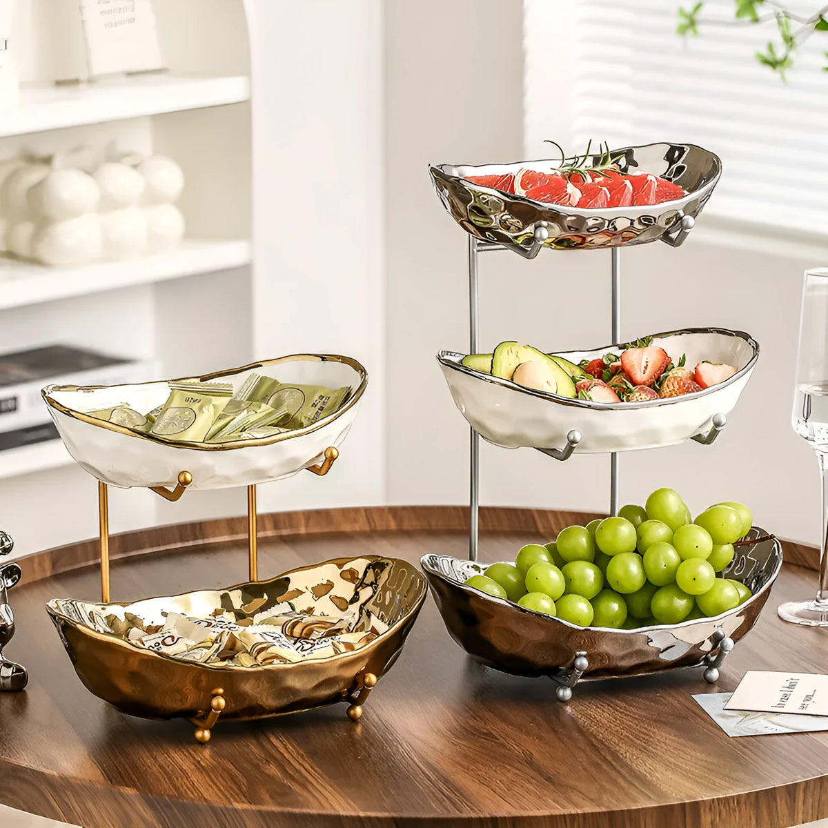 Multi-layer porcelain fruit tray with gold or silver electroplated stone texture frame